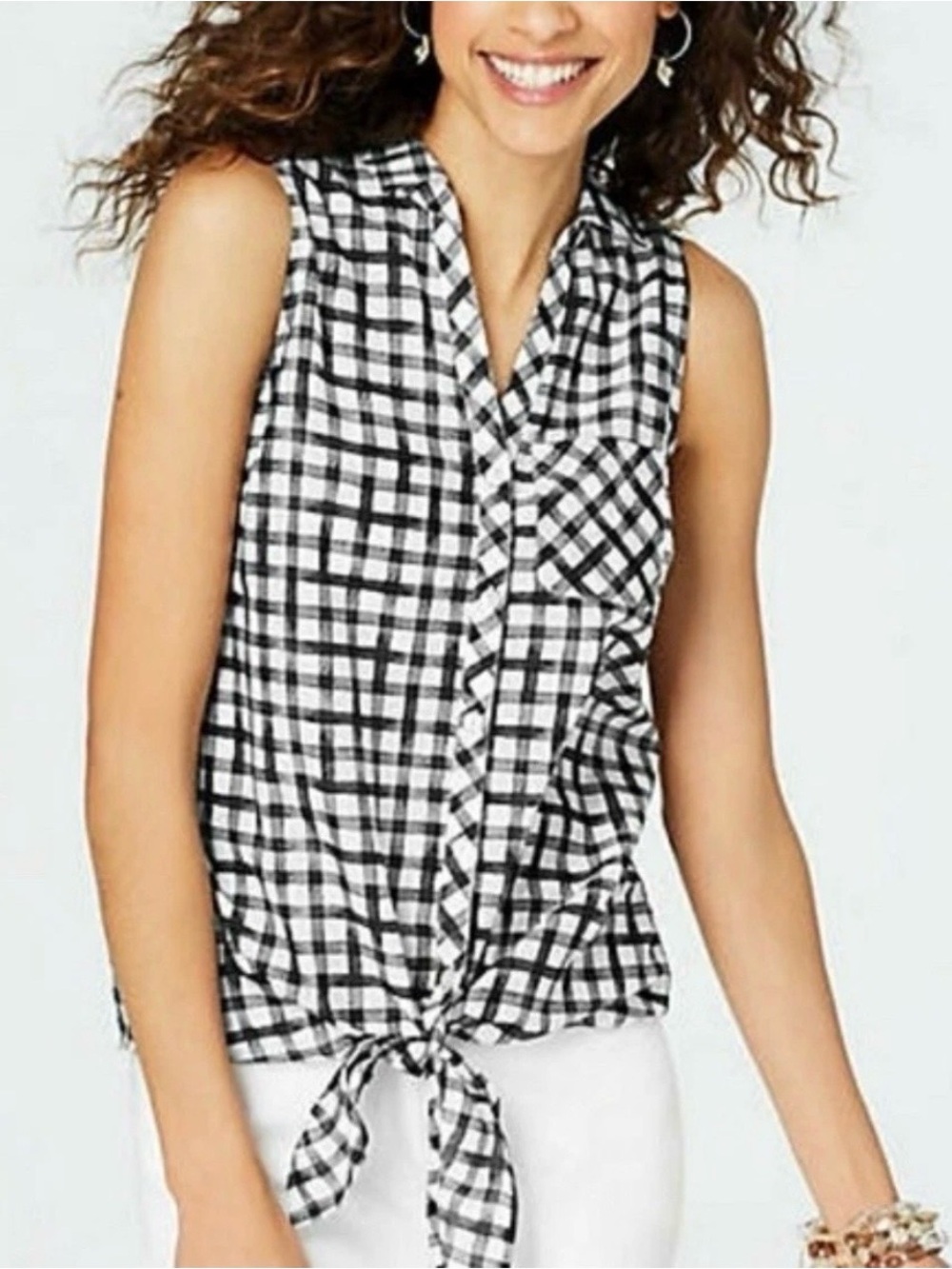 J. Jill Black&White Gingham Cotton/Silk Blend Sleeveless Button Up Knot Front XL